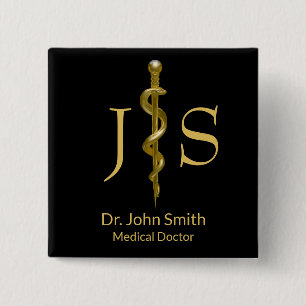 Classy Gold on Black Rod of Asclepius Medical Button