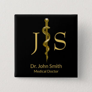 Classy Gold on Black Rod of Asclepius Medical Button