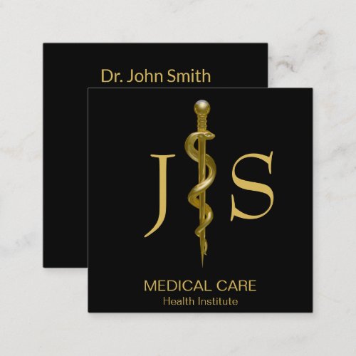 Classy Gold on Black Rod of Asclepius Medical Square Business Card