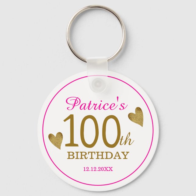 Classy Gold Pink 100th Birthday Thank You Favor   Keychain (Front)