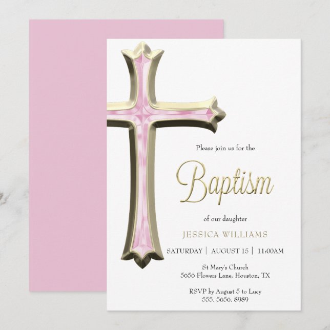 Classy Gold & Pink Cross Baptism Invitation (Front/Back)