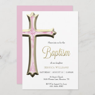 Classy Gold & Pink Cross Baptism Invitation