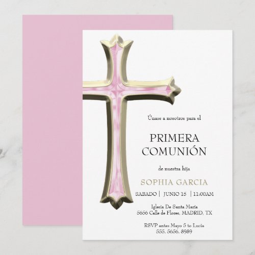 Classy Gold & Pink Cross Comunion Invitation