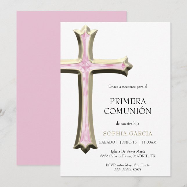 Classy Gold & Pink Cross Comunion Invitation (Front/Back)