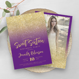 Classy Gold Purple Glitter Photo Sweet 16 Invitation