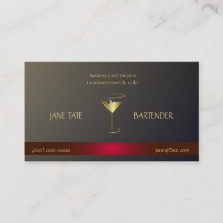 Classy Gold Red Metallic Bartender Template Business Card