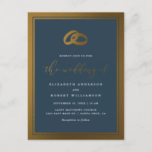 Classy Gold Rings & Navy Blue Wedding Invitation Postcard