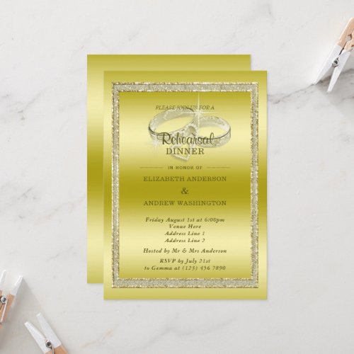 Classy Gold  Rings Rehearsal Dinner  Invitation