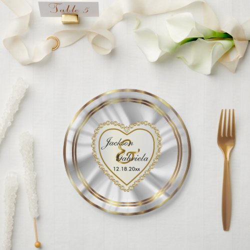 Classy Gold  Satin White Wedding or Anniversary Paper Plates