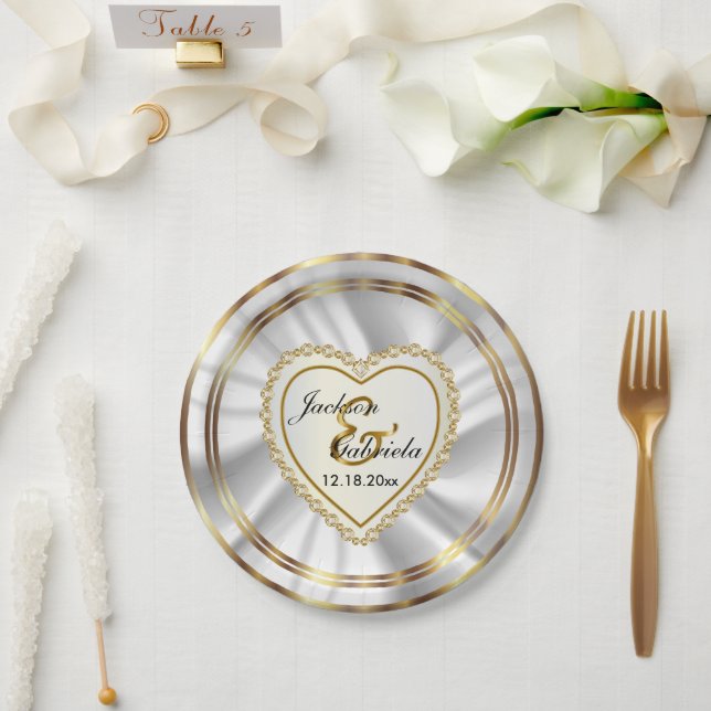 Classy Gold & Satin White Wedding or Anniversary Paper Plates (Wedding)