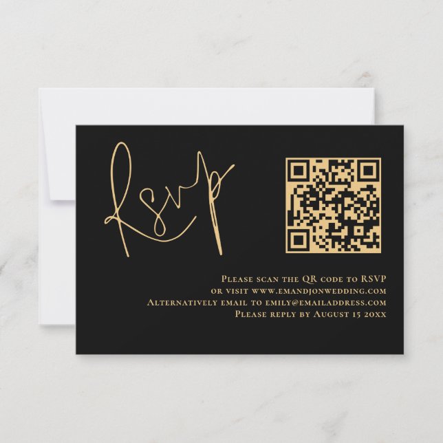 Classy Gold Script Black QR Code Wedding RSVP (Front)