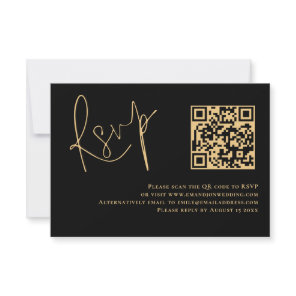 Classy Gold Script Black QR Code Wedding RSVP Card