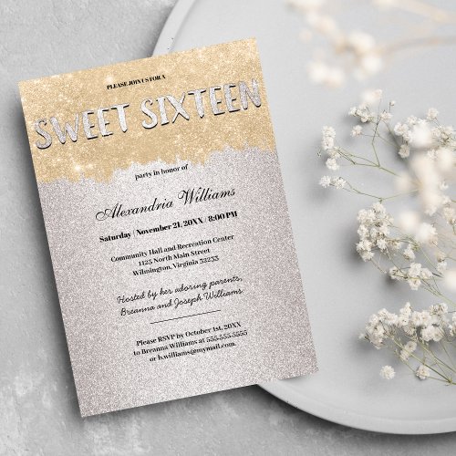 Classy Gold Silver Brushstrokes Glitter Sweet 16 Invitation