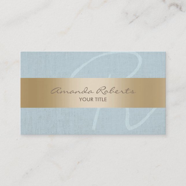 Classy Gold Stripe Blue Linen Monogram Business Card (Front)