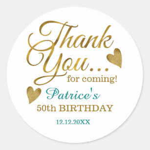 Classy Gold Teal 50th Birthday Thank You  Classic Round Sticker