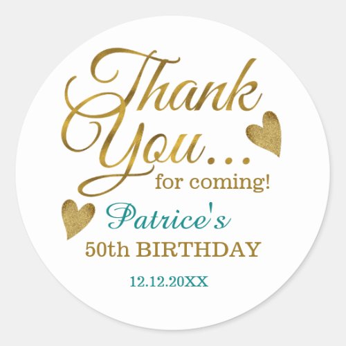 Classy Gold Teal 50th Birthday Thank You  Classic Round Sticker