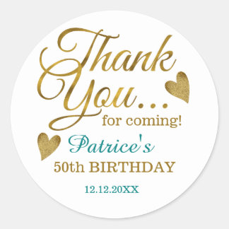 Classy Gold Teal 50th Birthday Thank You  Classic Round Sticker