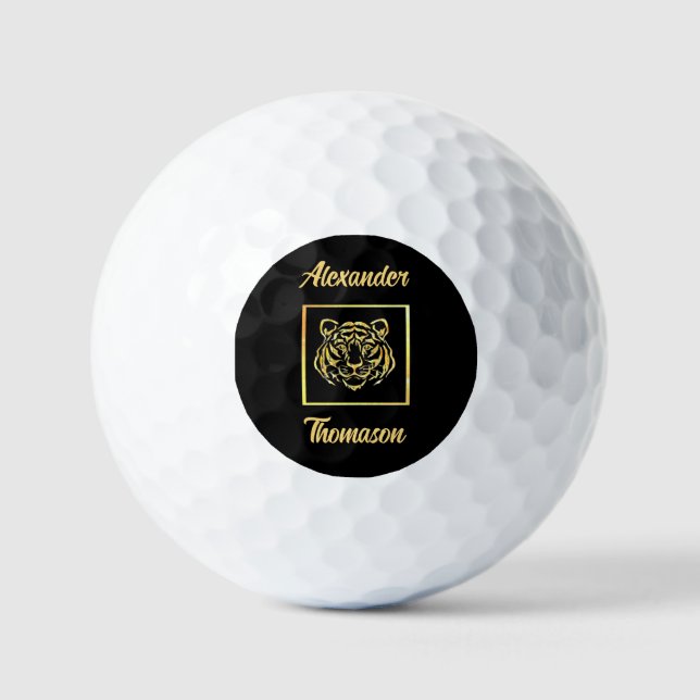 Classy Gold Tiger Face Personalized Golf Balls (Front)