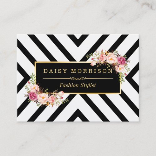 Classy Gold Vintage Floral Black White Stripes Business Card