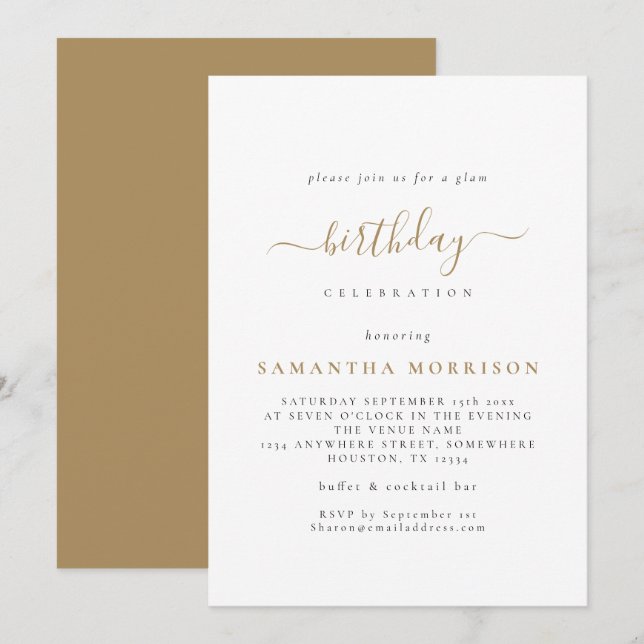 Classy Gold White Any Age Birthday Invitation (Front/Back)