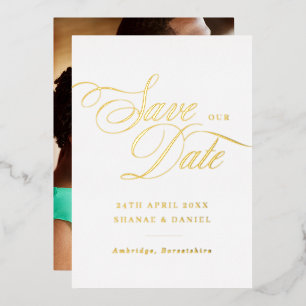 Classy Gold & White Script Photo Save The Date Foil Invitation