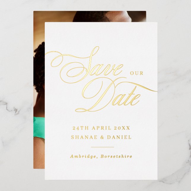 Classy Gold & White Script Photo Save The Date Foil Invitation (Front/Back)