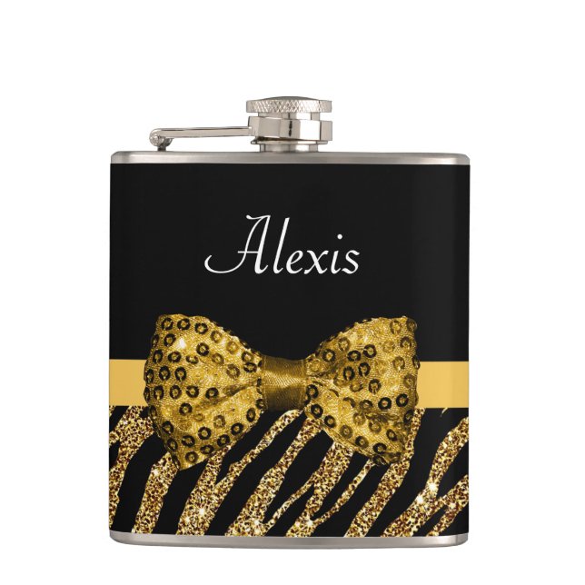 Classy Gold Zebra Print FAUX Glitz Bow With Name Flask (Front)