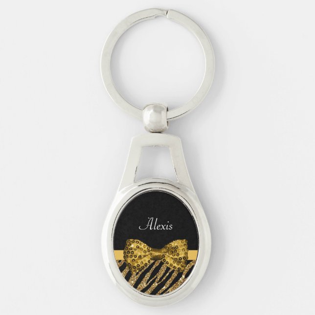 Classy Gold Zebra Print FAUX Glitz Bow With Name Keychain (Front)