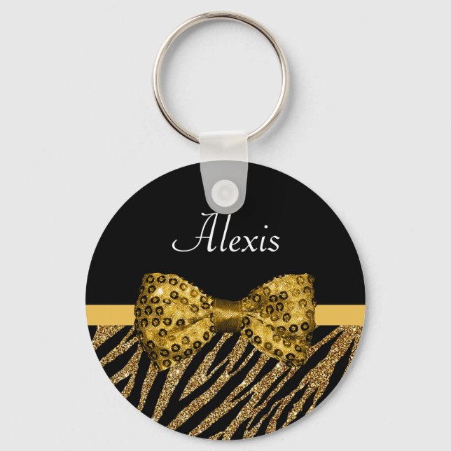 Classy Gold Zebra Print FAUX Glitz Bow With Name Keychain (Front)