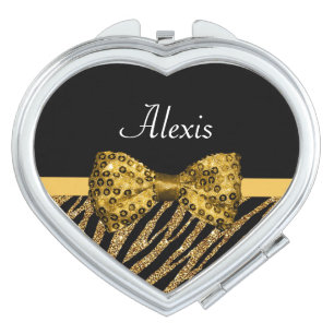 Classy Gold Zebra Print FAUX Glitz Bow With Name Mirror For Makeup