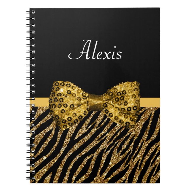 Classy Gold Zebra Print FAUX Glitz Bow With Name Notebook (Front)
