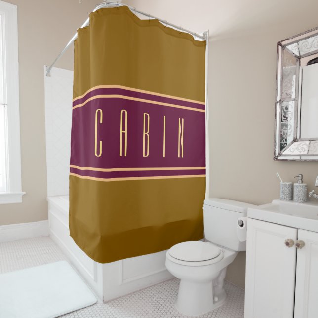 Classy Golden Brown Burgundy Stripes Cabin Text Shower Curtain (In Situ)