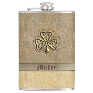 Classy golden Irish lucky shamrock leather look Flask