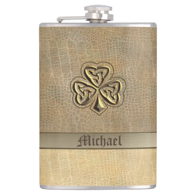 Classy golden Irish lucky shamrock leather look Flask (Front)