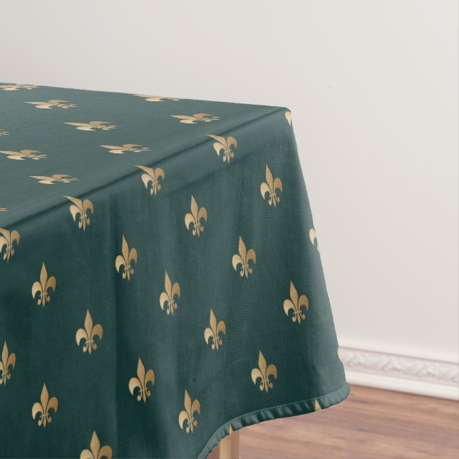 Classy golden like fleur de lis on dark sea green tablecloth (In Situ)