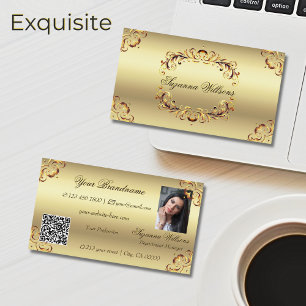 Classy Golden Ornate Decor with Photo and QR Code Business Card