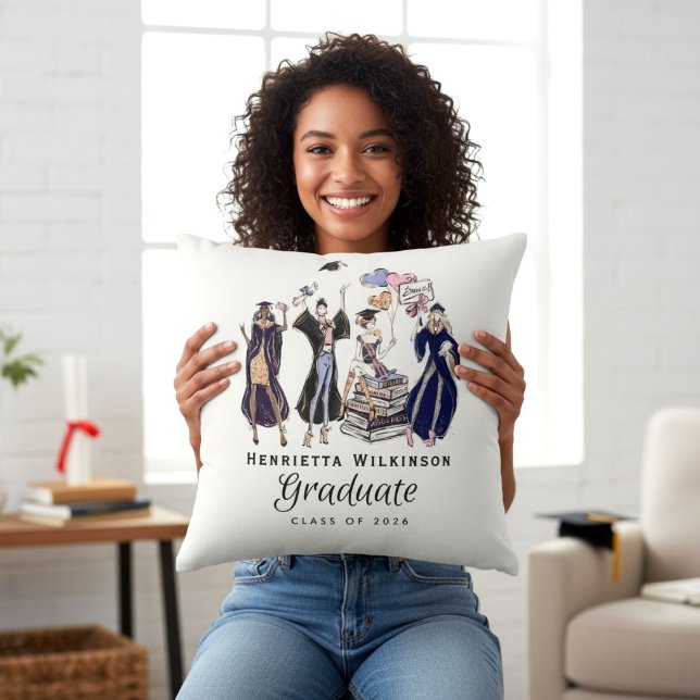 Classy Graduate Fashionistas Dark Blue Robe Design Throw Pillow (Creator Uploaded)