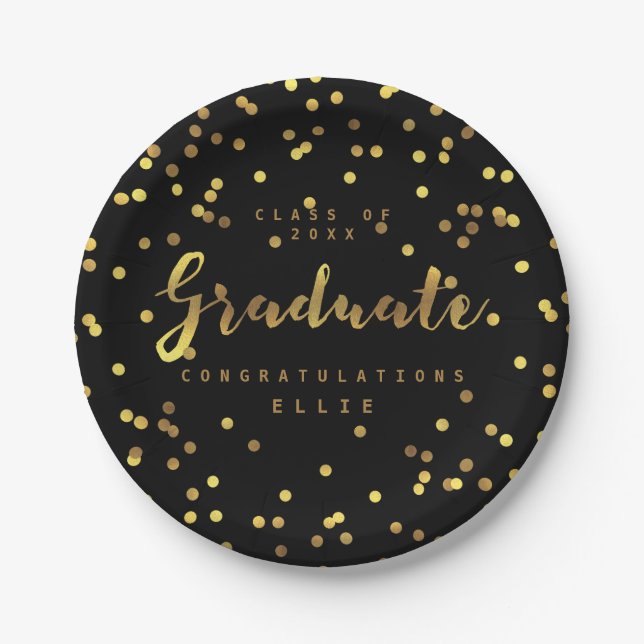 Classy Graduate Faux Gold Foil Confetti Black Paper Plates (Front)