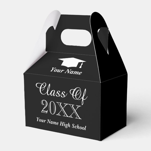 Classy graduation party favor boxes with name (Front Side)