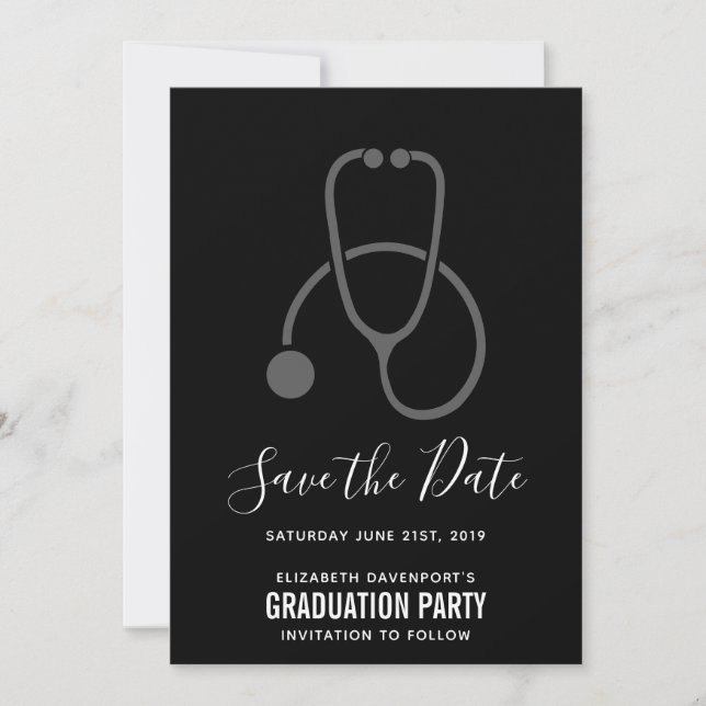 Classy  Graduation Party Gray on Black Stethoscope Save The Date (Front)