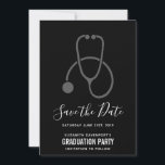 Classy  Graduation Party Gray on Black Stethoscope Save The Date<br><div class="desc">A save the date flat card Illustrated with a gray stethoscope.</div>