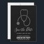 Classy  Graduation Party Gray on Black Stethoscope Save The Date<br><div class="desc">A save the date flat card Illustrated with a gray stethoscope.</div>