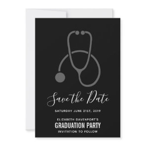 Classy Graduation Party Gray on Black Stethoscope Save The Date