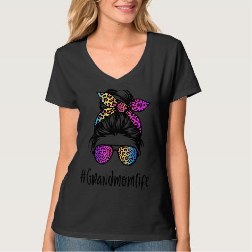 Classy Grandmom life Messy Bun Rainbow Leopard Mot T_Shirt