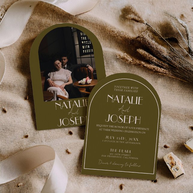 Classy Grassland Old Money Arched Photo Wedding Invitation (Creator Uploaded)