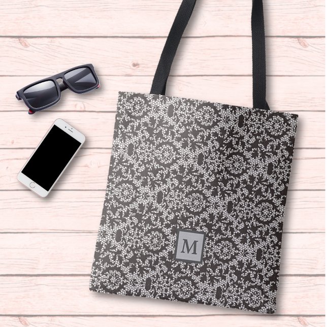 Classy Gray Black Damask Monogram Tote Bag (Creator Uploaded)