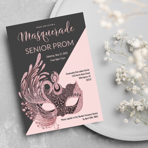 Classy Gray Black Pink Glitter Masquerade Prom  Invitation