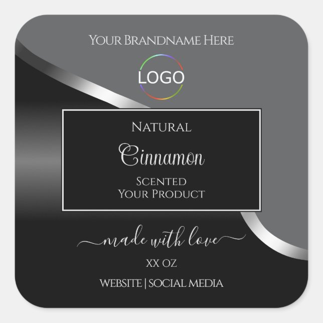 Classy Gray Black Wavy Silver Logo Product Labels (Front)