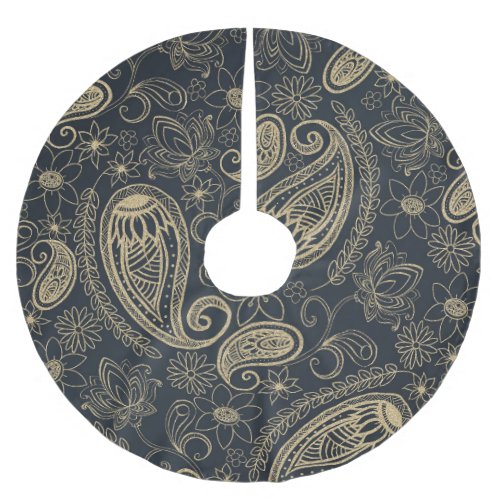 Classy Gray Gold Glitter Paisley Floral Pattern Brushed Polyester Tree Skirt
