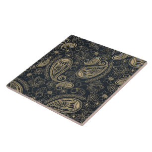 Classy Gray Gold Glitter Paisley Floral Pattern Ceramic Tile